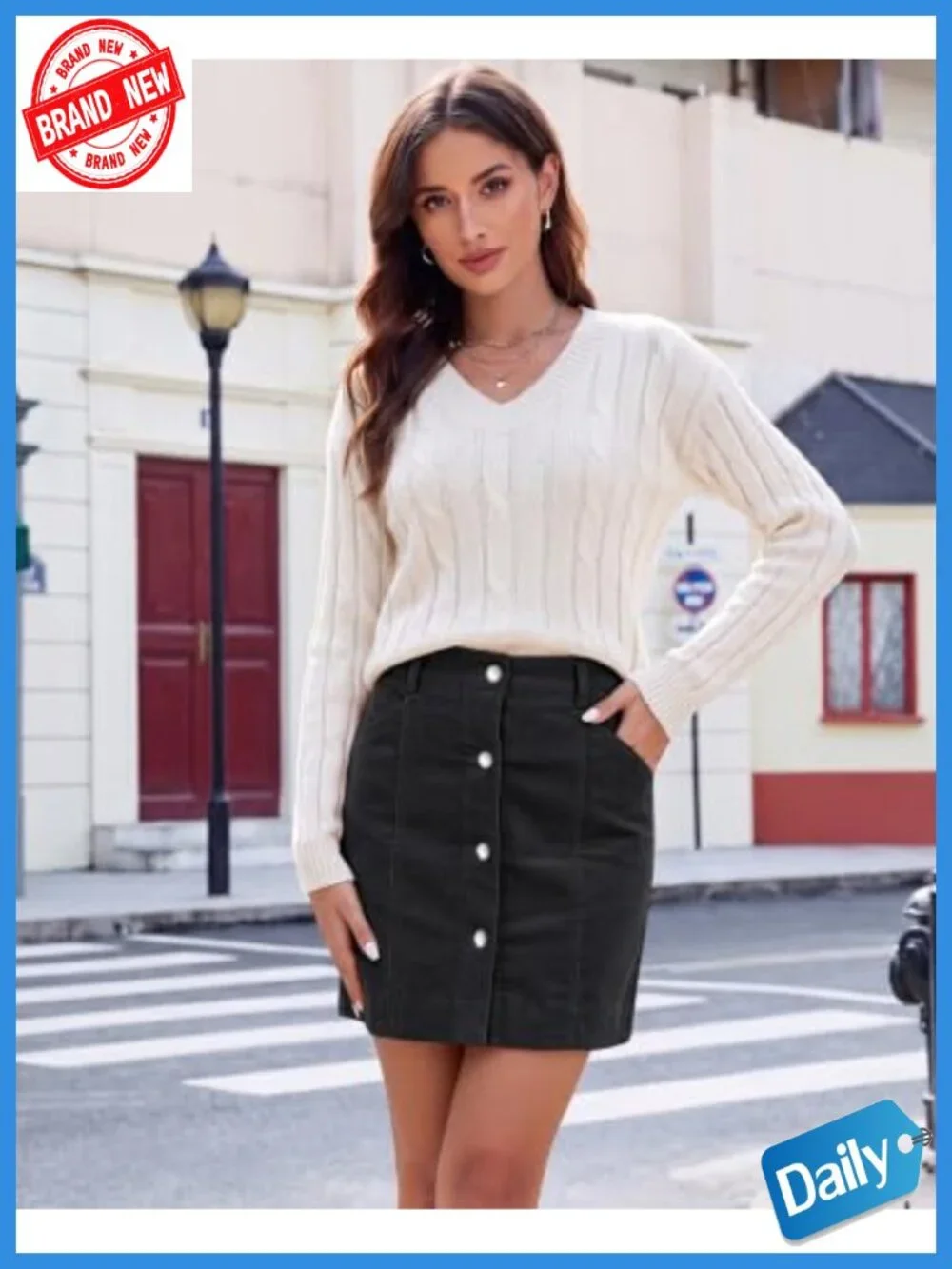 Women's Corduroy Mini Skirt High Rise Button Fly Stretchy Fall Outfit